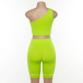 Custom Gym Green Knitted Womens Legging and Crop Top Sports Suit Ladies Two Piece Shorts Sets